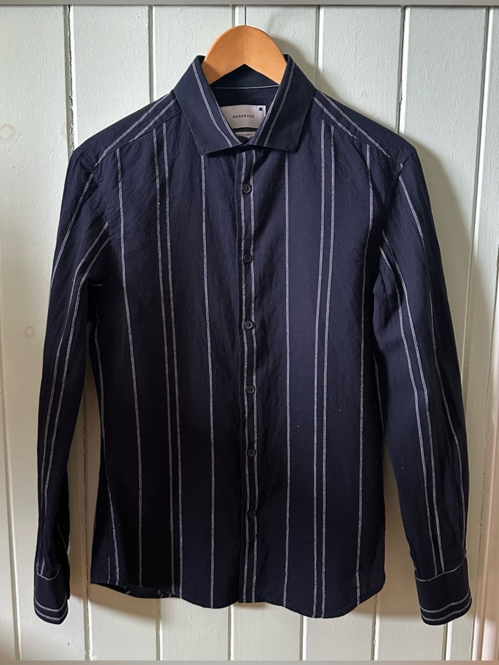 Reserved Navy and White Vertical  Linen-cotton blend Shirt